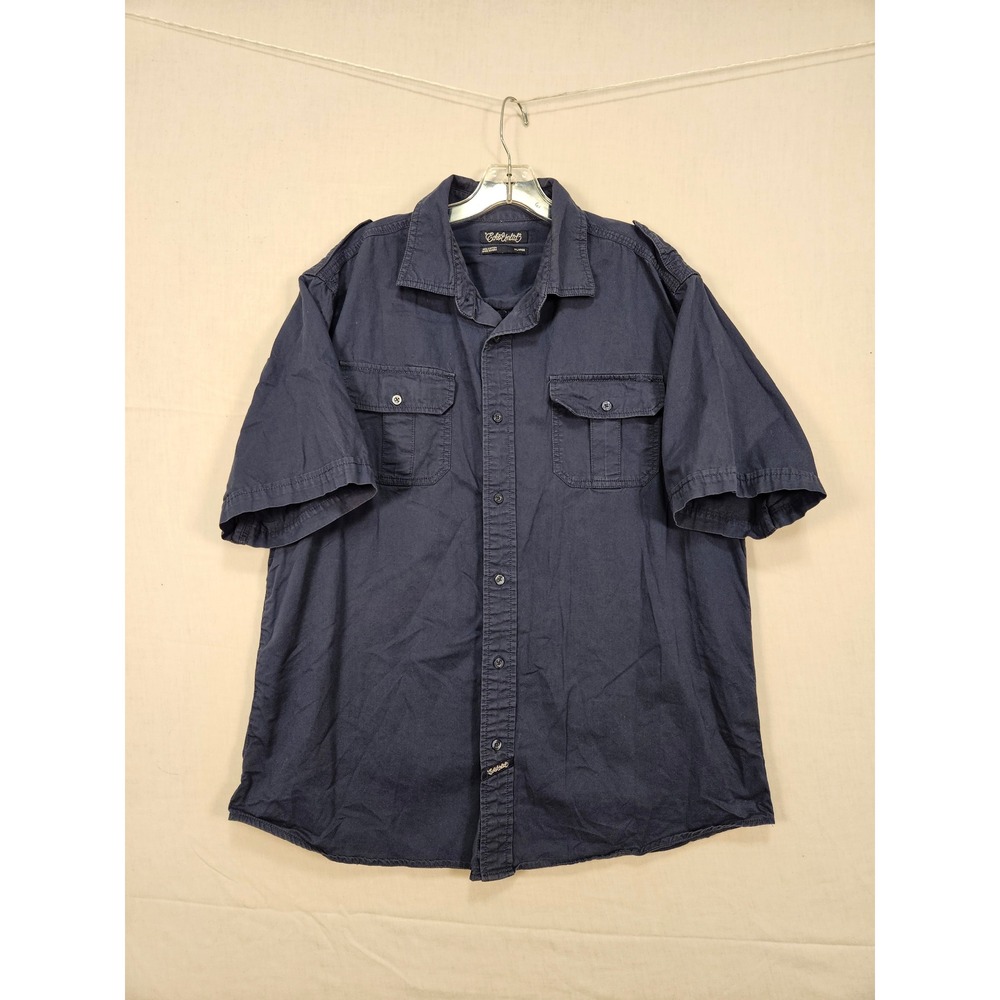 Ecko Unltd Mens XL Navy Blue Short Sleeve Button Down Shirt Embroidered 3357